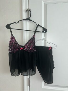 BCBG Black & Pink Lace Mesh Chemise with Matching Shorts